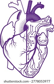 A stylized illustration of a human heart, half biological and half mechanical, featuring intricate circuit board patterns and electronic pathways.