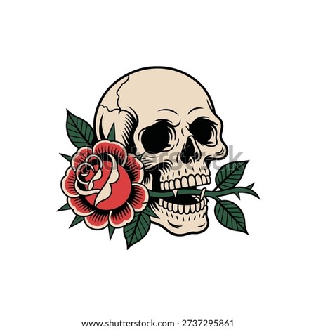 A stylized illustration of a human skull with a red rose and green leaves in its mouth.