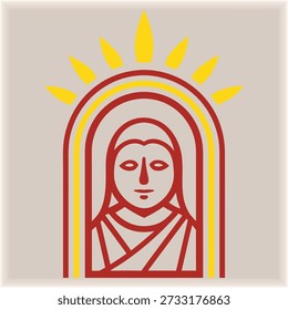 Stylized Illustration of a Humanoid Figure Within an Arched Frame, Featuring Sunburst Elements and a Minimalist Aesthetic