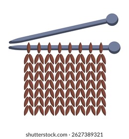Stylized illustration icon emblem depicting two knitting needles and brown yarn forming a neat stitch pattern. 