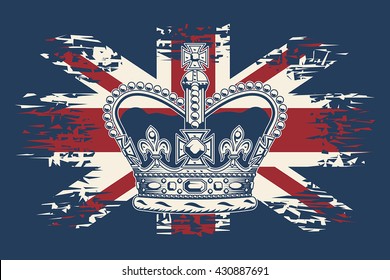 Stylized Illustration Of The Imperial State Crown On UK Flag Background.