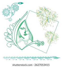 Uma ilustração estilizada de uma mulher indiana, provavelmente para uma celebração como um casamento, adornada com intrincados padrões inspirados em hena.
