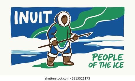 A stylized illustration of an indigenous hunter wearing a traditional parka and holding a spear in a frozen arctic environment. The scene features the northern lights and icy waters. Perfect for educational content regarding polar cultures and environmental themes.