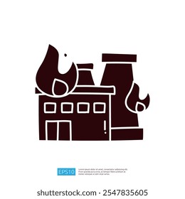 Ilustração estilizada de um edifício industrial com chamas, simbolizando riscos de incêndio ou questões de segurança nas fábricas.