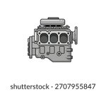 A stylized illustration of an internal combustion engine, showing its main components.