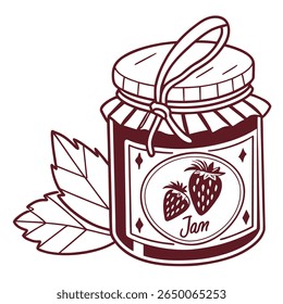 Uma ilustração estilizada de um frasco de geleia de morango com folhas e uma fita.