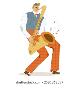 Stylized illustration of jazz musician character playing saxophone, dressed in vintage attire. Musical notes float around, adding lively artistic touch. Vector art.