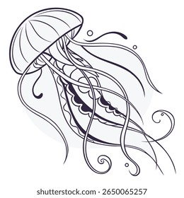 A stylized illustration of a jellyfish with flowing tentacles, rendered in a clean, line art style over a soft circular backdrop.