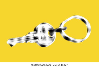 A stylized illustration of a key with a circular keyring, depicted in a halftone dot pattern against a bright yellow background.