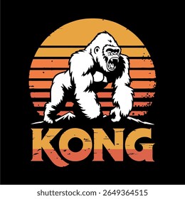 Uma ilustração estilizada de King Kong, um grande gorila, em pé em um pico de montanha contra um pano de fundo retrô do pôr do sol.  A palavra "KONG" é exibida de forma destacada...