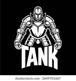A stylized illustration of a knight in full armor, viewed from the front, with the word "TANK" prominently displayed beneath. The image is monochromatic, usi...