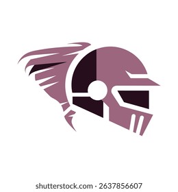 A stylized illustration of a knight's helmet with a wing-like plume, rendered in shades of purple and black on a white background.