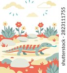 A stylized illustration of a komodo dragon with a blue tongue sticking out, walking through a landscape with rocks, plants, and flowers under a cloudy sky.