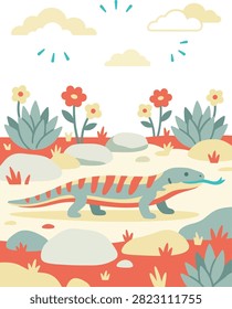 A stylized illustration of a komodo dragon with a blue tongue sticking out, walking through a landscape with rocks, plants, and flowers under a cloudy sky.