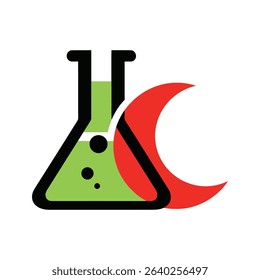 A stylized illustration of a lab flask and a crescent moon.  The flask contains a green liquid.