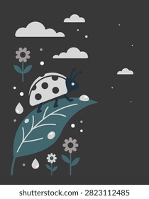 A stylized illustration of a ladybug walking on a leaf with raindrops and small flowers, set against a dark background with clouds.
