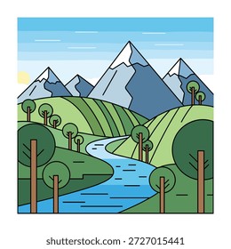 Una ilustración estilizada de un paisaje dominado por majestuosas montañas cubiertas de nieve en el fondo. En primer plano, ondulantes colinas verdes son atravesadas por un río azul sinuoso. Varios árboles redondos están esparcidos por las colinas bajo un cielo azul degradado con un sol amarillo.