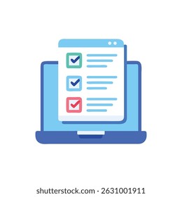 A stylized illustration of a laptop with a checklist displaying tick marks and line entries. Flat style, cool color scheme.