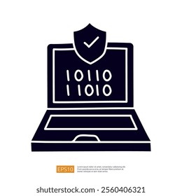 A stylized illustration of a laptop displaying binary code and a shield symbol, representing cybersecurity and data protection.