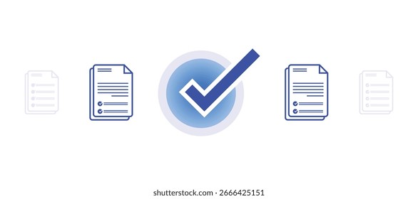 Uma ilustração estilizada de uma grande marca de seleção azul em um oval azul brilhante, posicionado entre dois ícones de documento simplificados. Este visual representa aprovação, conclusão ou uma tarefa bem-sucedida, 