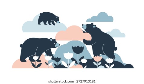 Ilustración estilizada de Grandes osos azul oscuro caminando por un paisaje de suaves nubes y flores blancas y rosadas.