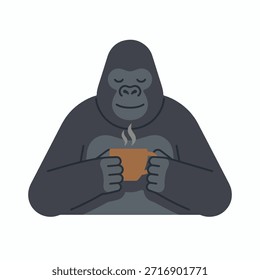 Una ilustración estilizada de un Grande gorila gris oscuro sentado y sosteniendo una taza humeante de café con ambas manos. El gorila tiene una expresión contenta en su cara.