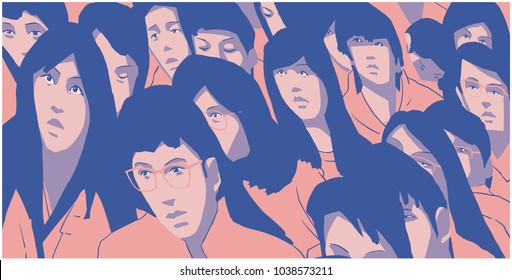 Stylized illustration of large group of asian students protesting in color