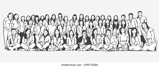 Stylized Illustration Of Large Group Of People Smiling And Posing For A Photograph In Black And White