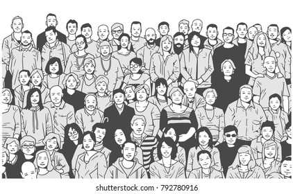 Stylized illustration of large group of people smiling and posing for a photograph in black and white grey scale