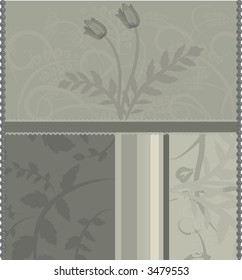 A stylized illustration of leaves and tulips in a retro-framed background; no gradients