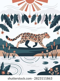 Stylized illustration of a leopard walking across a fallen tree trunk above a pond with lily pads and reeds.