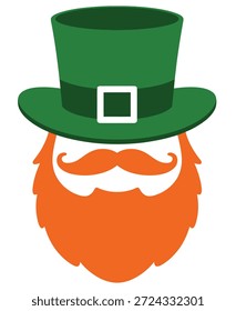 Una ilustración estilizada de la cabeza de un duende, con una barba naranja vibrante y bigote, rematado con un sombrero de copa verde clásico adornado con una hebilla blanca.