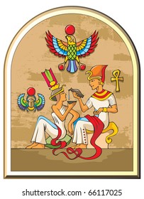 Stylized illustration of life in ancient Egypt, the pharaoh and the empress, papyrus background, symbols of falcon and scarab, vector