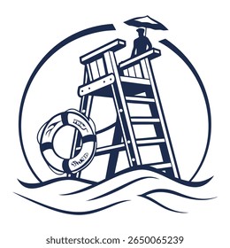 Ilustração estilizada de uma torre de salva-vidas com uma pessoa debaixo de um guarda-chuva, uma boia salva-vidas e ondas dentro de um círculo.