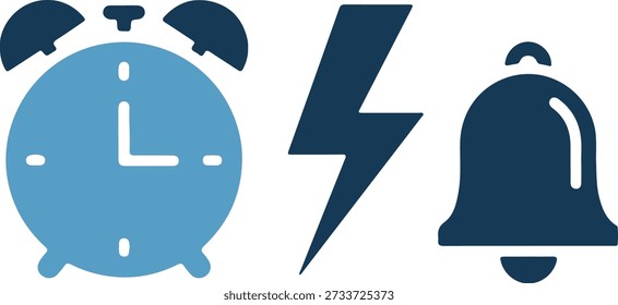 A stylized illustration of a light blue alarm clock, navy lightning bolt, and bell, isolated on white background with bold lines and contrasting colors and details