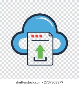A stylized illustration of a light blue cloud with a white document in front, featuring a green arrow pointing upwards, set against a transparent background with a subtle grey and white checkerboard p