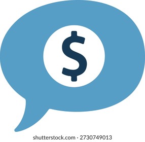 A stylized illustration of a light blue speech bubble with a dark blue dollar sign on a pure white background