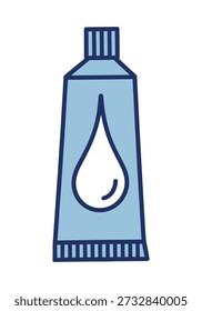 Una ilustración estilizada de un tubo azul claro con un símbolo de gota blanca en él, que representa una crema o loción.