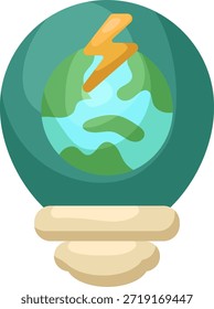 Ilustração estilizada de uma lâmpada que contém o globo terrestre com um raio proeminente, simbolizando soluções de energia renovável e sustentável.
