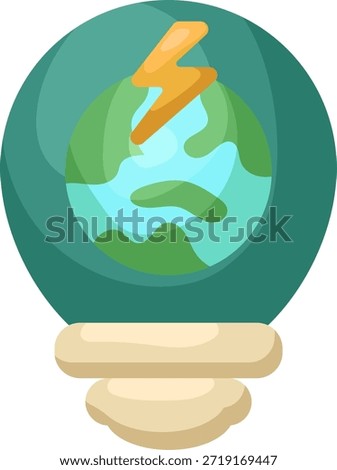 A stylized illustration of a lightbulb containing the Earth globe with a prominent lightning bolt, symbolizing renewable and sustainable energy solutions.