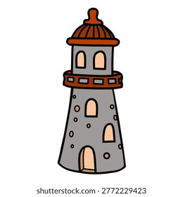 A stylized illustration of a lighthouse with a gray tower, a brown dome-shaped roof, and arched windows.