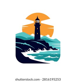 A stylized illustration of a lighthouse on a cliff overlooking the sea during sunset, with waves crashing on the shore.