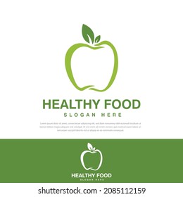 Stylized illustration line green apple fruit logo healthy food, symbol, icon, template, fruit healthy food