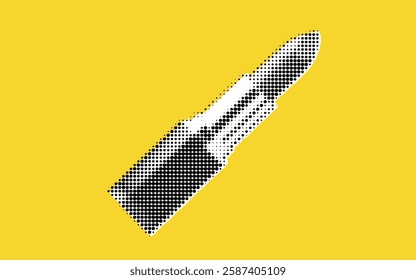 A stylized illustration of a lipstick tube in black and white, set against a bright yellow background. The design features a dotted halftone effect, giving it a modern and artistic look.