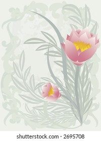 Stylized illustration of a lotus flower design element in a framed textured background.