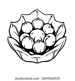 Stylized Illustration of Macadamia Nuts in a Leaf Bowl
