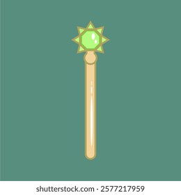 A stylized illustration of a magical staff with a green gemstone