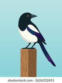 Stylized illustration of a magpie perched on a wooden post against a light blue background. The bird is shown in side view, with distinct black and white plumage.