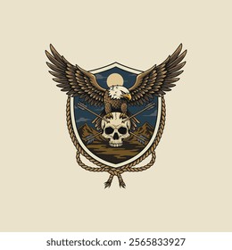 A stylized illustration of a majestic eagle perched atop a skull with arrows crossed underneath, set against a mountainous landscape within a rope-bound shield.