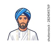 A stylized illustration of a man with a beard wearing a blue turban and white traditional attire